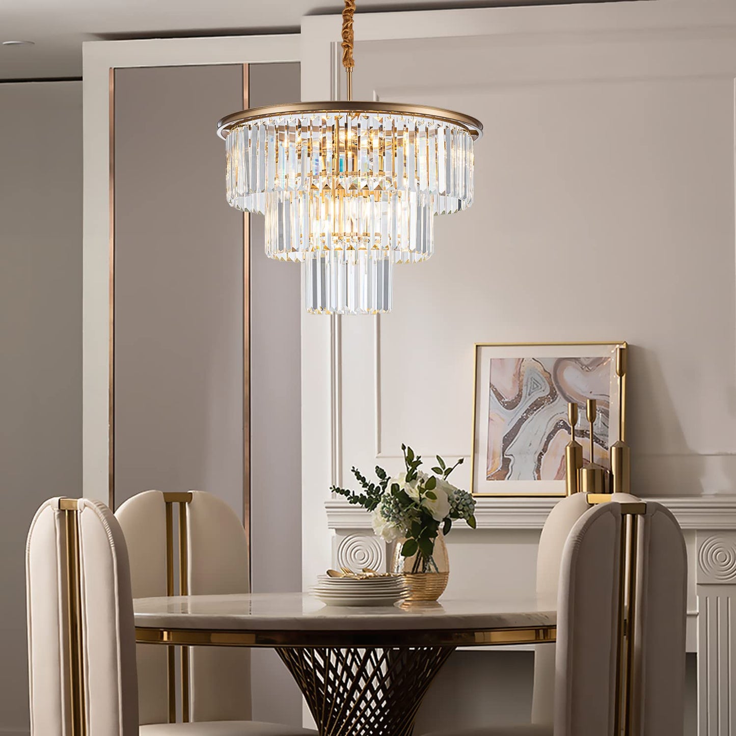 Brfaixla 12-Light 23.64 Gold Modern Crystal Chandelier Crystal Pendant Chandeliers Light Fixture 3-Tier Hanging Lighting For Living Dinning Room Bedroom Foyer