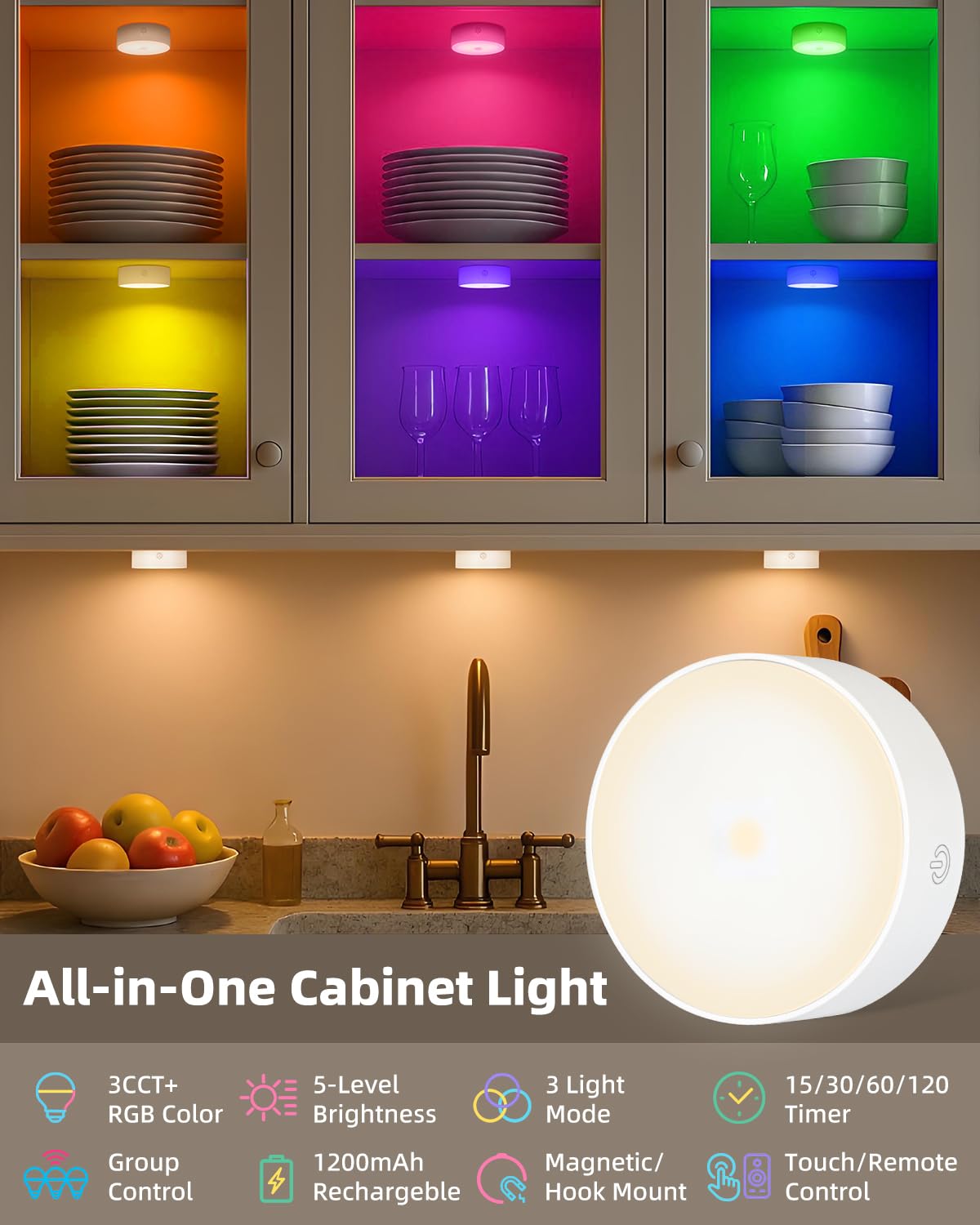 Yiliaw Motion Sensor Puck Lights, LED Under Cabinet Lighting, 19 Colors, 6 Pack, Rechargeable, White, Model SF20250911B0F32M3YKT