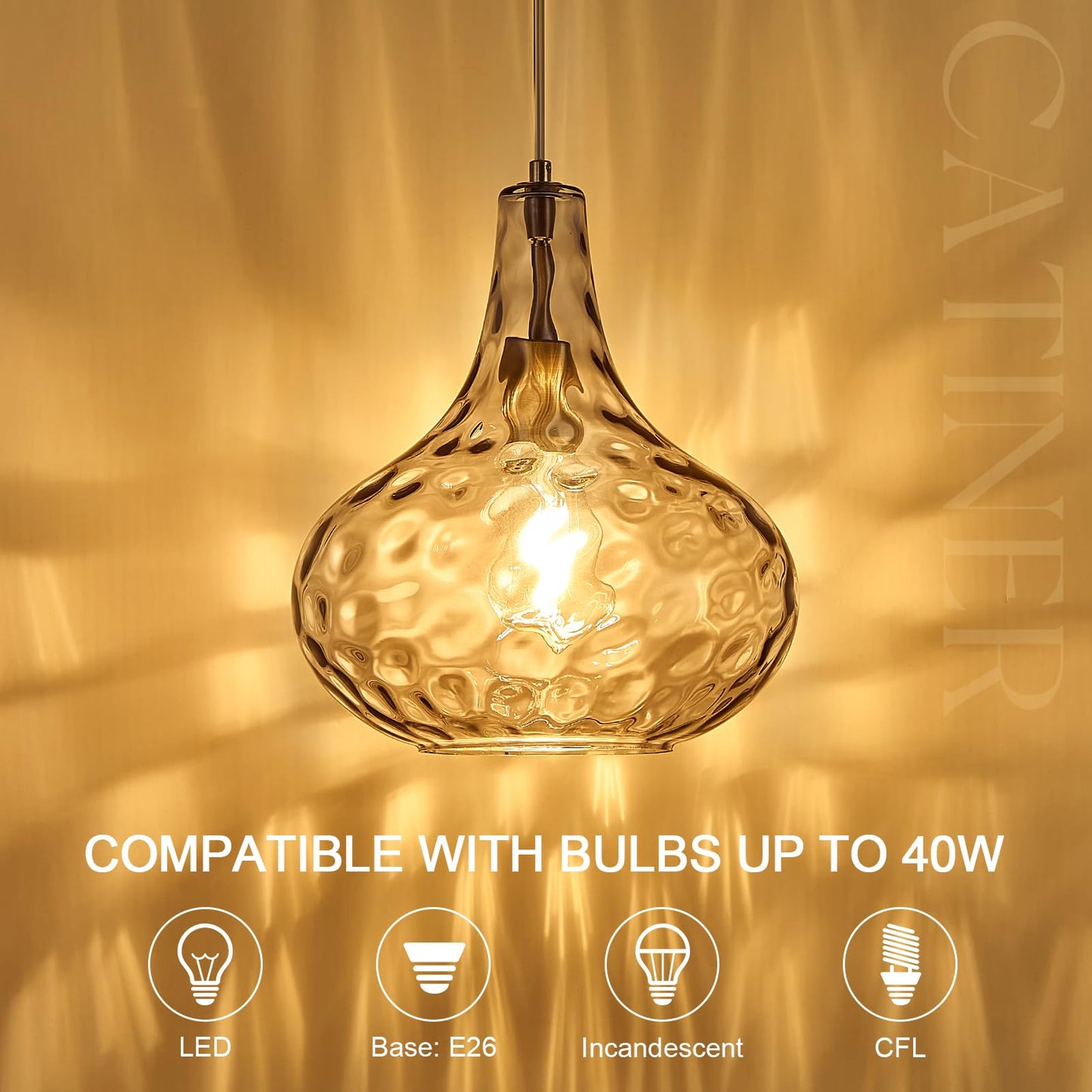 Catiner 11 Smoked Hammered Glass Pendant Light - Blown Glass Ceiling Fixture With Brushed Nickel Finish  Modern Industrial Lighting For Kitchen Island  Dining Room  Hallway  Living Room