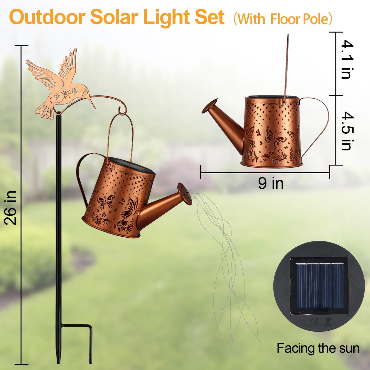 Outdoor Hanging Solar Lantern Waterproof Set Outside Metal Openwork Butterfly Watering Can Landscape Lights For Garden Yard Patio Pathway Decor Birthday Gifts For Women Mom Grandma -With Floor Pole