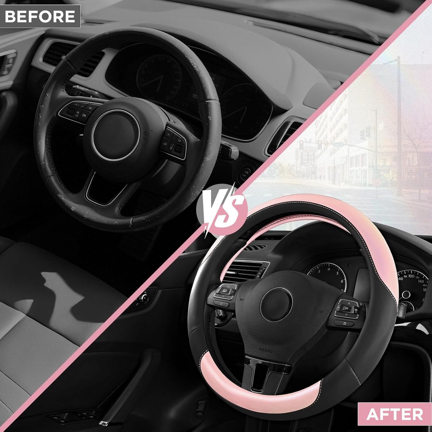 Road Comforts Steering Wheel Cover – Breathable Leather Steering Wheel Cover, Anti-Slip Grip, Universal Fit 14.5” to 15”, Heat & Cold Resistant for Cars, SUVs, and Trucks – Black & Shining Pink