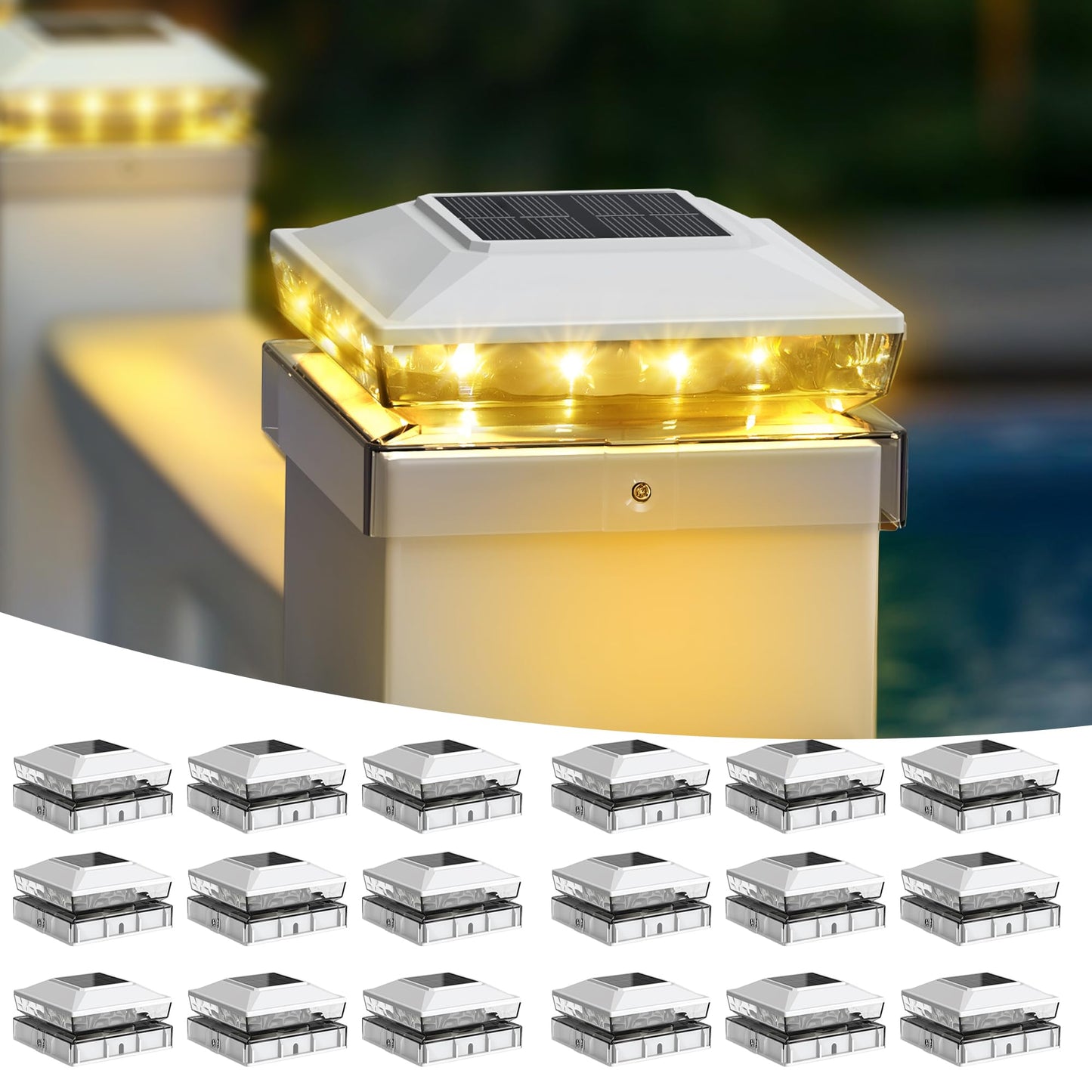 KEILAIMO Solar Post Cap Lights, 18-Pack, IP65 Waterproof, Warm White Glow, for 4x4 and 5x5 Posts, White, Model SL51