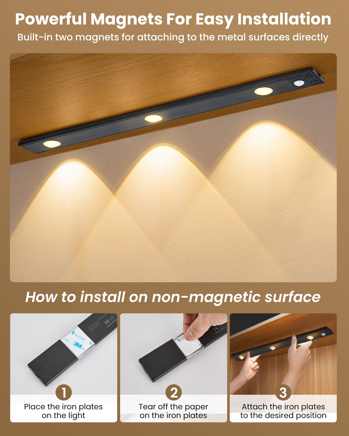 3 Led Under Cabinet Light  Under Counter Dimmable Lighting With Motion Sensor  Usb Rechargeable Motion Sensor Light  Cats Eye Hill Corrugated Effect  For Display Cabinet  Showcase  Wine Cabinet