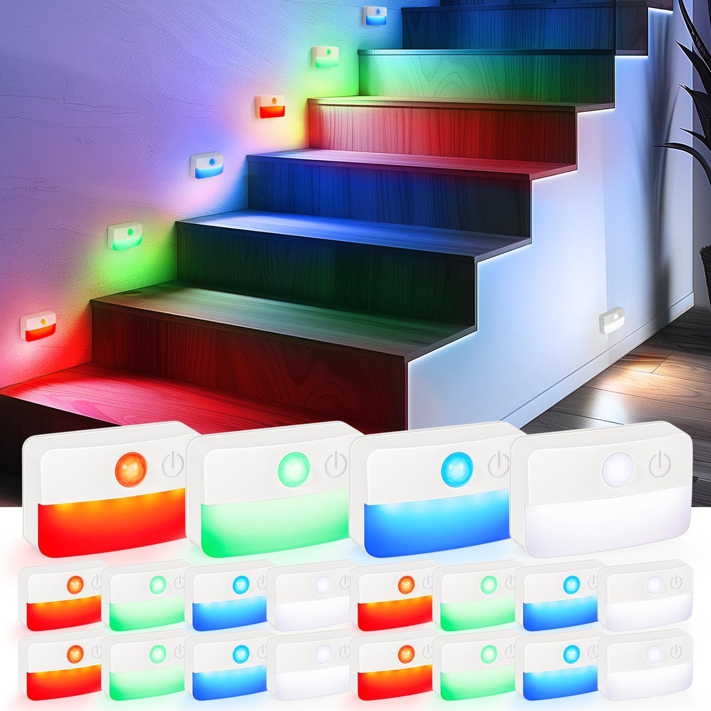 Guankai Motion Sensor Stair Lights, 16 Pack, RGB Battery Operated, Plastic, Model 0003D3, Wireless LED Night Light for Indoor Use