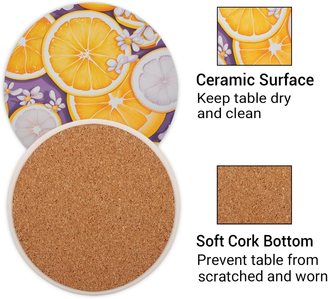 Ceramic Coasters for Drinks with Cork Back, Citrus Slice Daisy 4 Inch Absorbent Coaster Set 2 Pack, Quick Dry Non-Slip Coaster Mats for Home, Office, Bar