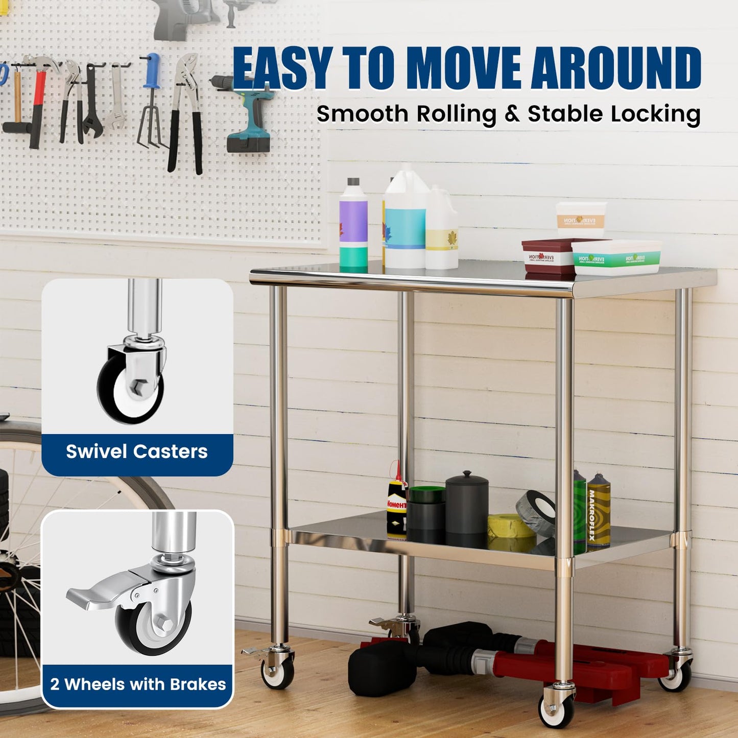 Chingoo Stainless Steel Work Table with Wheels, 24x36 Inch NSF Kitchen Prep Table with Adjustable Undershelf for Commercial Restaurant, Garage, Outdoor BBQ