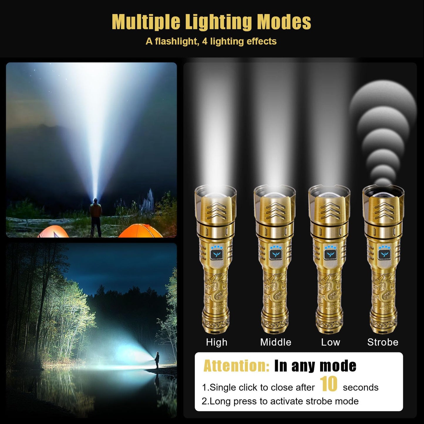 Skyfire Led Flashlights High Lumens With Ignition Lens 3000Lm Rechargeable Super Bright Flashlight Zoomable Four Modes Waterproof Tactical Flash Light For Camping Essentials Outdoor Home&Gifts-Gold