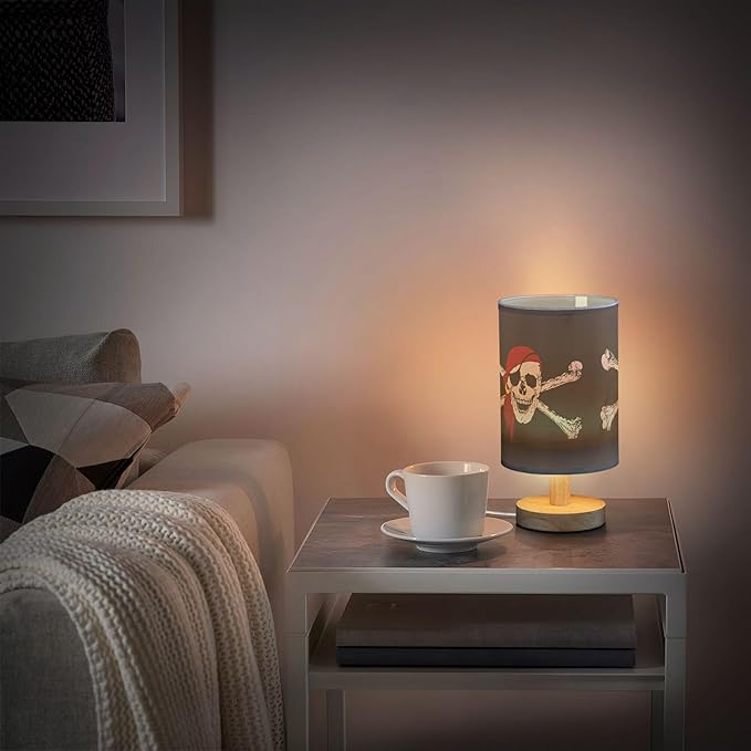 Table Lamp Pirate Skull Crossbones on Black Nightstand Lamp with Wood Base Fabric Lamp Shade Bedside Desk Lamp for Living Room Bedroom Kids Room Office