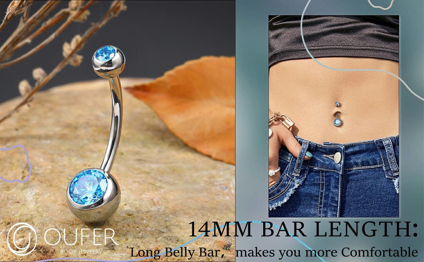 OUFER Titanium Belly Button Rings, Internally Threaded 14mm Long Belly Ring, Round CZ Navel Rings for Women Men n(Blue)