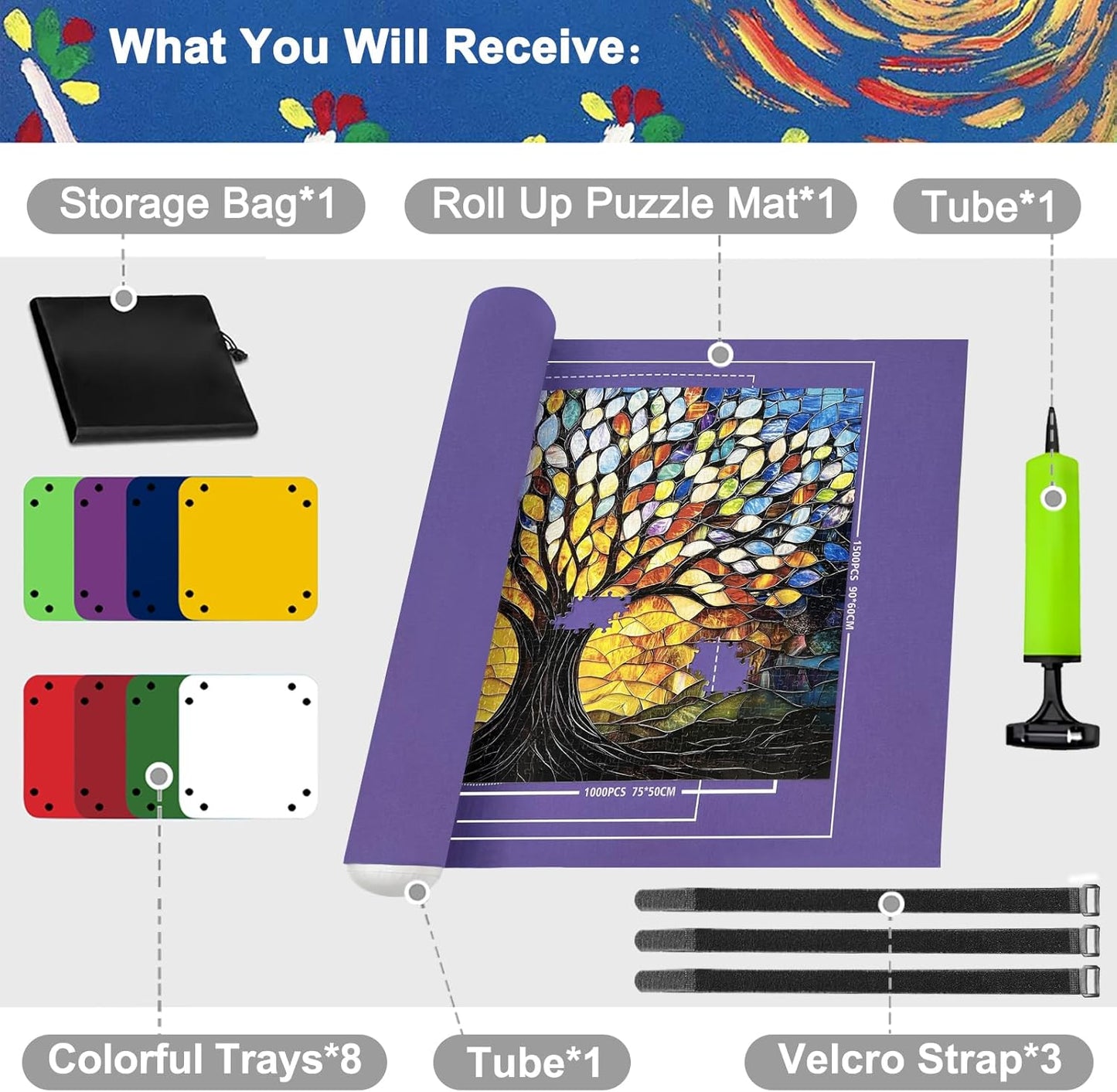 Napzy Puzzle Mat Rollup Puzzle Mats for Jigsaw Puzzles Storage Matt Roll Up Board Saver with 8 Sorting Trays 1 Drawstring Bag Jigsaws Table for Up to 1500PCS