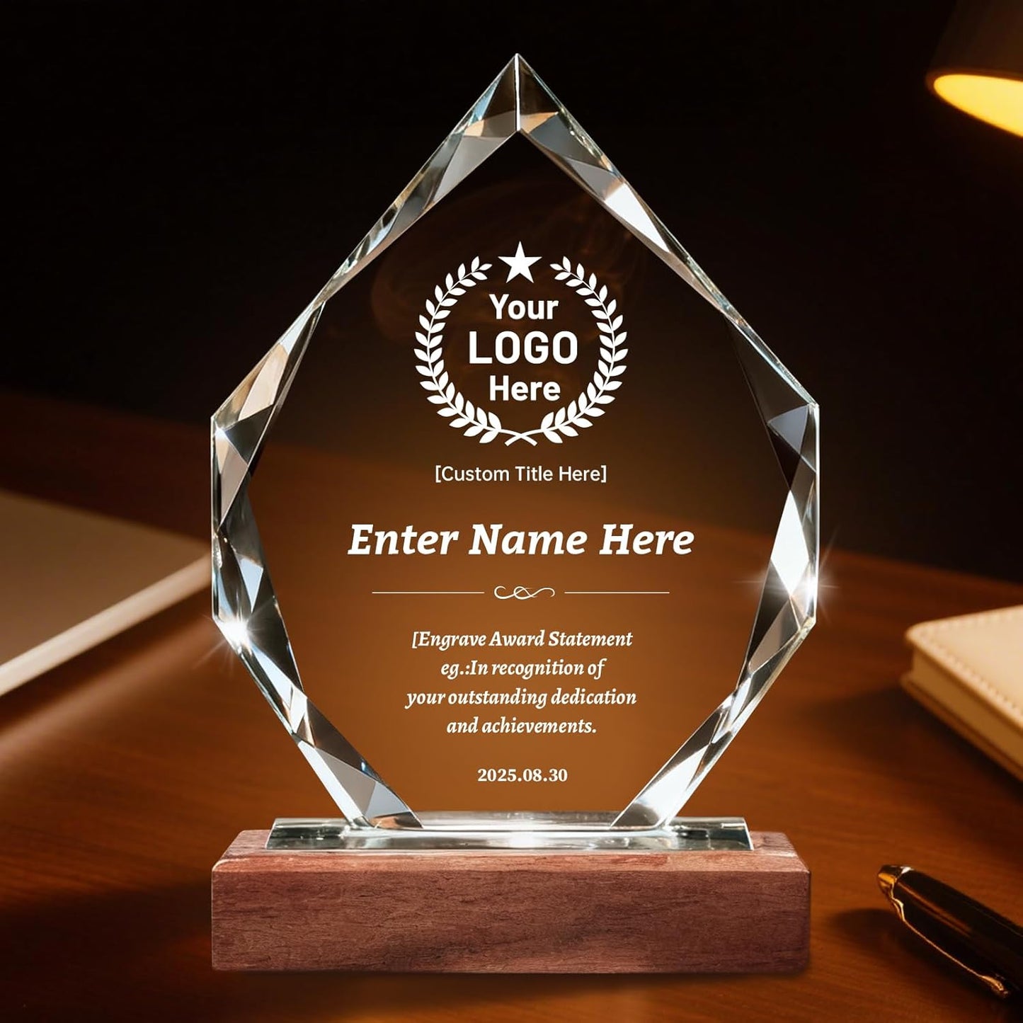 Custom Crystal Trophy Award with Wood Base, Custom Plaque Personalized Engraved with LOGO Text, Employee Appreciation Gift, Retirement Gift for Employee Coworker, Sports Recognition Trophies