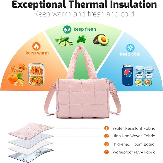 NOL Natural Organic Lifestyle Women's Nylon Lunch Cooler Quilted Tote Bag Puffy Insulated Lunch Bag for Women, Lightweight Waterproof Lunch Box for Work, Picnic, Outdoors,Pink