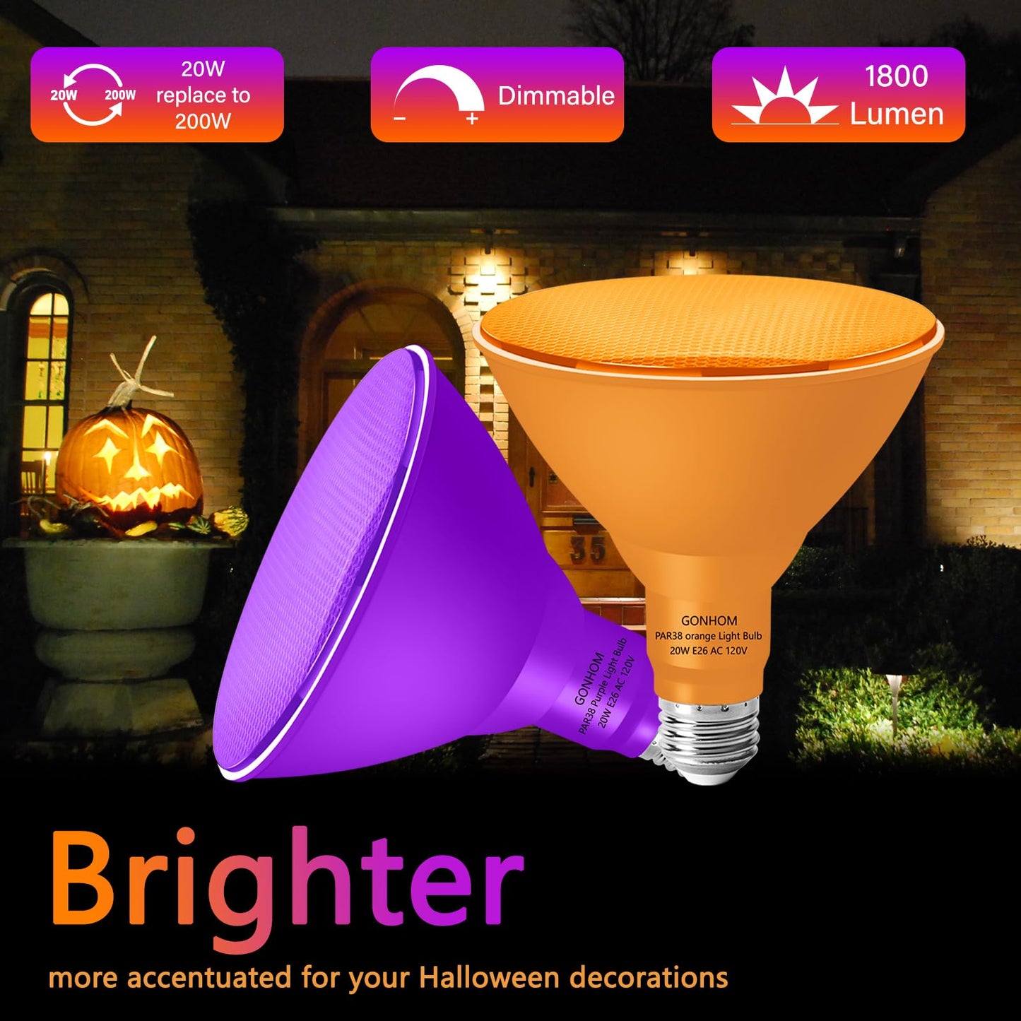 Gonhom Par38 Flood Lights Outdoor Dimmable Led Flood Light Bulbs 20W(Equivalent To 200W) E26 Base Outdoor Porch Holiday Lighting Led Flood Light Bulb For Halloween Christmas 4 Pack Orange Purple