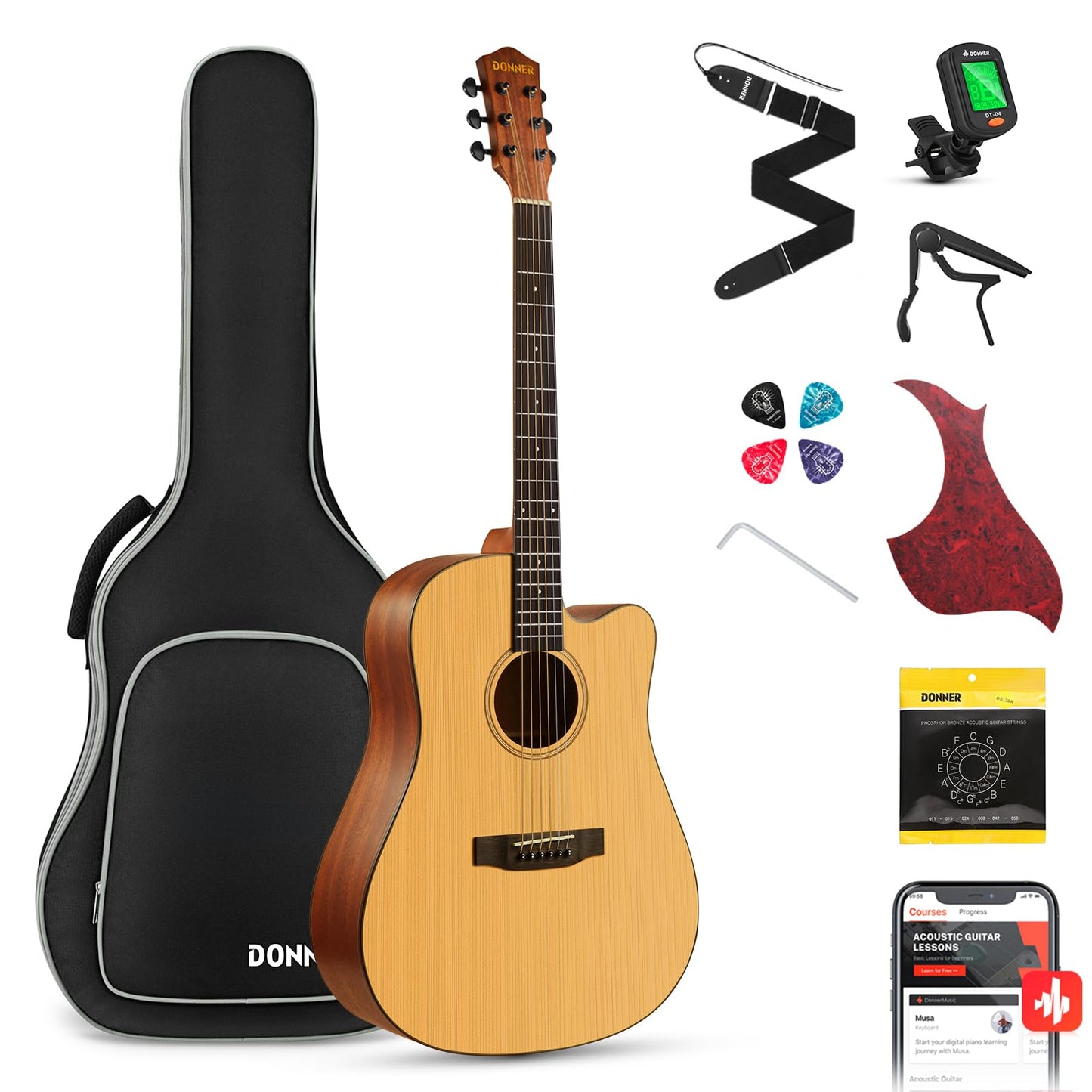 Donner 41” Acoustic Guitar Bundle for Beginners - Natural Steel Acoustic, Model DAG-1C with Gig Bag, Tuner, Strap, Picks, and Capo