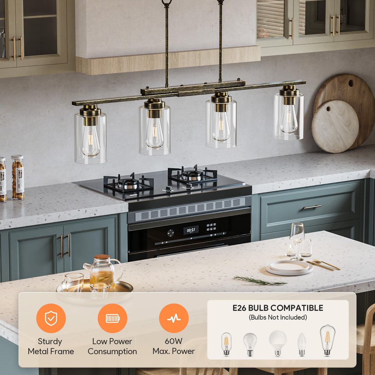Vonluce Kitchen Island Lighting  4-Light Dining Room Light Fixture Over Table With Glass Shade And Adjustable Rods  Farmhouse Linear Chandelier For Kitchen Living Room  Antique Black  Etl Certificated