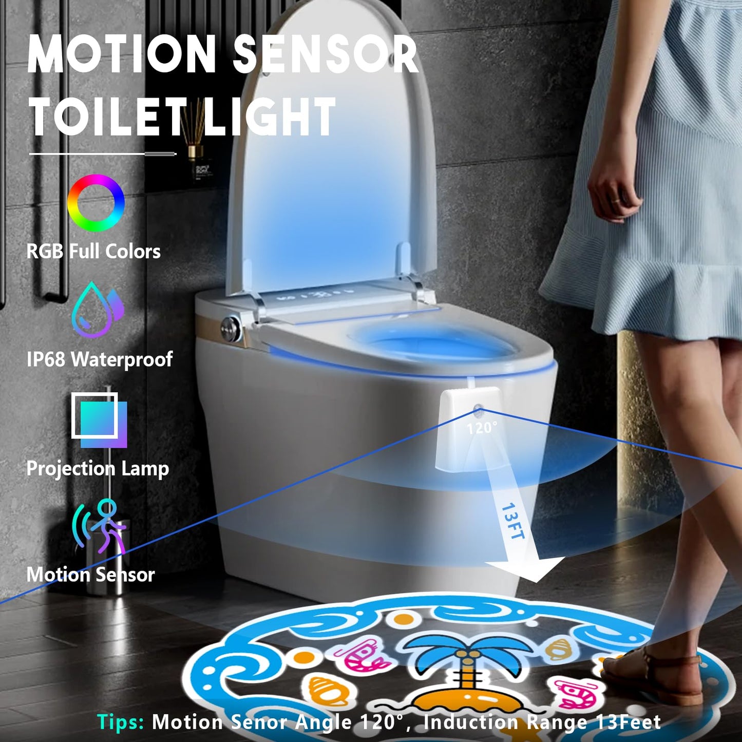 LAVAED Motion Sensor Night Light LED Toilet Bowl Light, 16 Color Changing, Rechargeable, Waterproof, 2 Pack