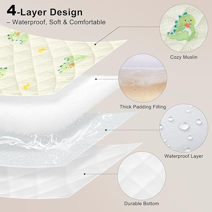 Unicorn Castle Waterproof Changing Pad Cover Muslin Changing Table Pad Cover 2 Pack Quilting for 32"x16" Baby Changing Pad Sheets Girls Boys,Green Dinosaur