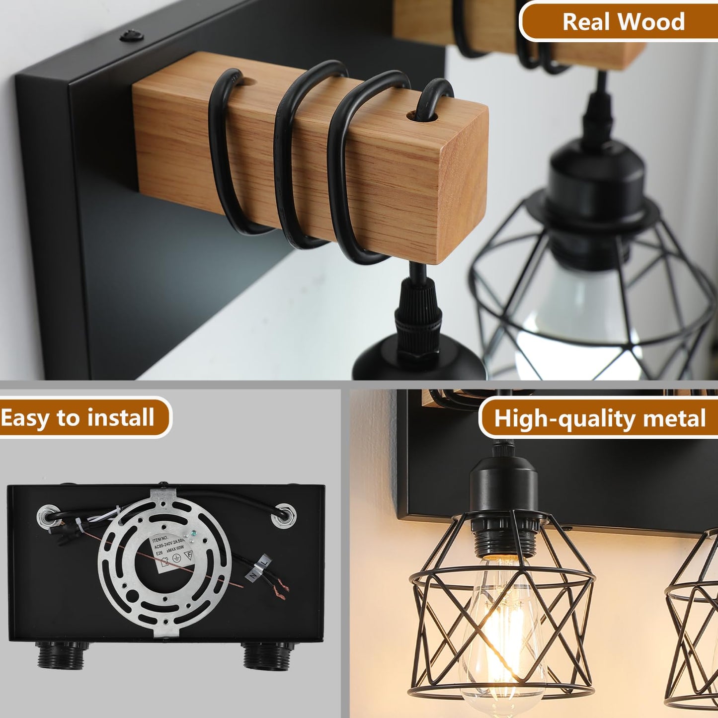 Farmhouse Vanity Light Fixture 2-Light Bathroom Lighting Black Industrial Wood Wall Light Over Mirror With Metal Shade