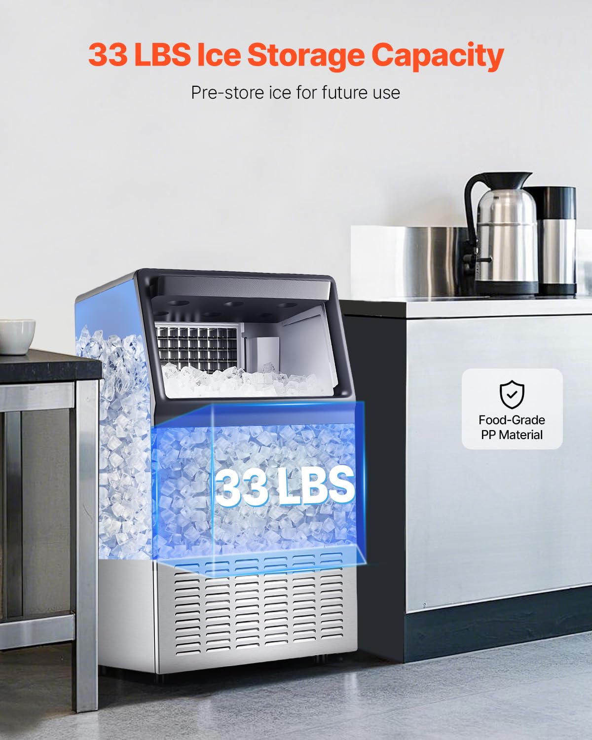 Vevor 120Lbs/24H Commercial Ice Maker Machine With Drain Pump, 33Lbs Storage Capacity Ice Maker, 55 Ice Cubes In 15 Minutes, Led