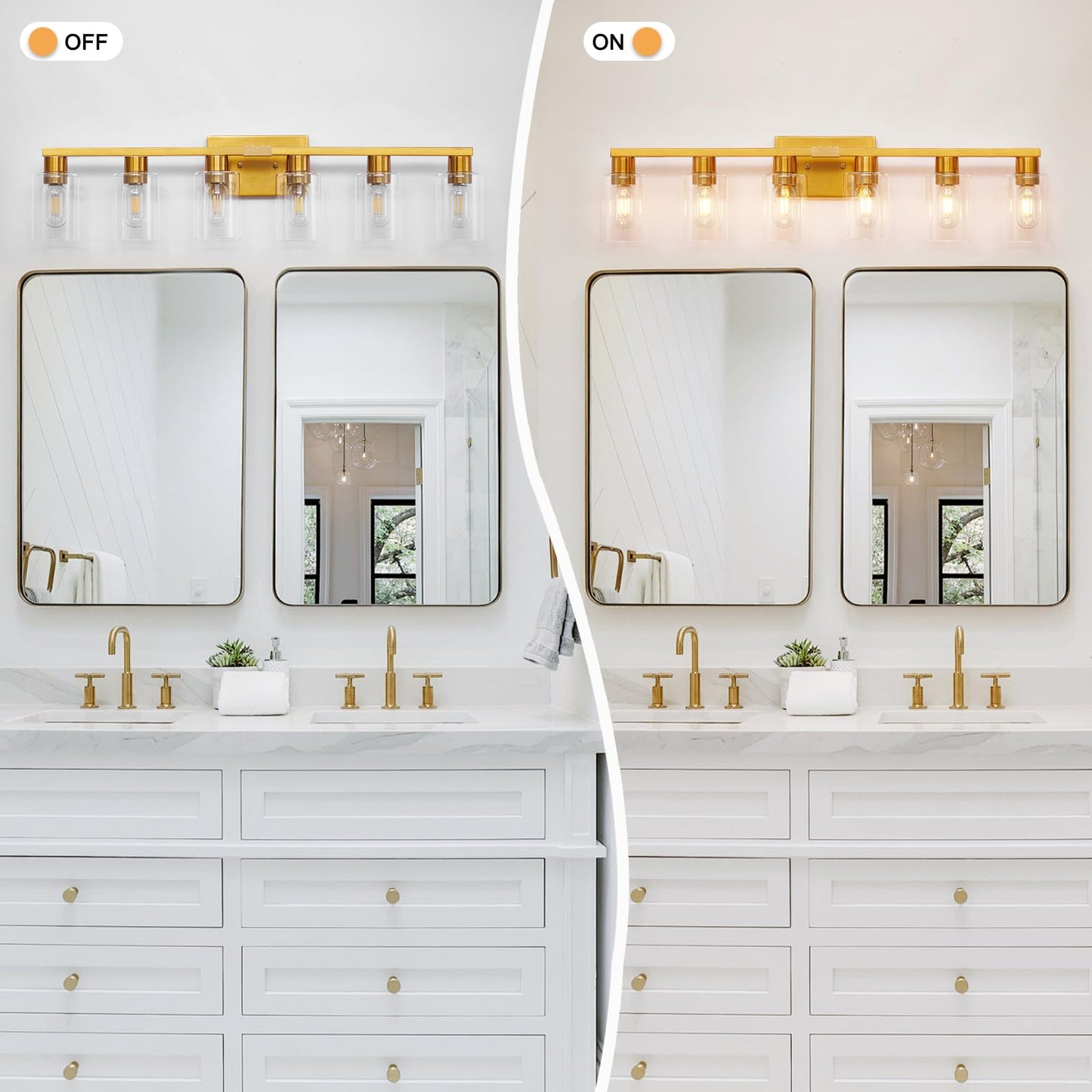 Hdasic 6 Light Bathroom Light Fixtures  Large Gold Bathroom Vanity Light With Clear Glass Shade  Brushed Brass Gold Bathroom Lighting Fixtures Over Mirror  Modern Wall Scones For Bedroom Living Room
