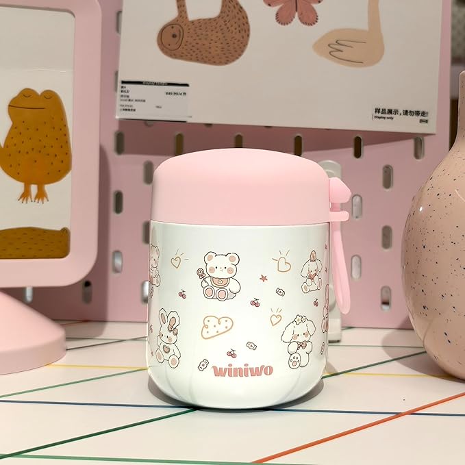 12oz Insulated Food Jar for Kids, Easy Carry, Wide Mouth, Thermos for Hot Food, Soup, Salad, Sandwich, School Lunches (Pink-Rabbit)