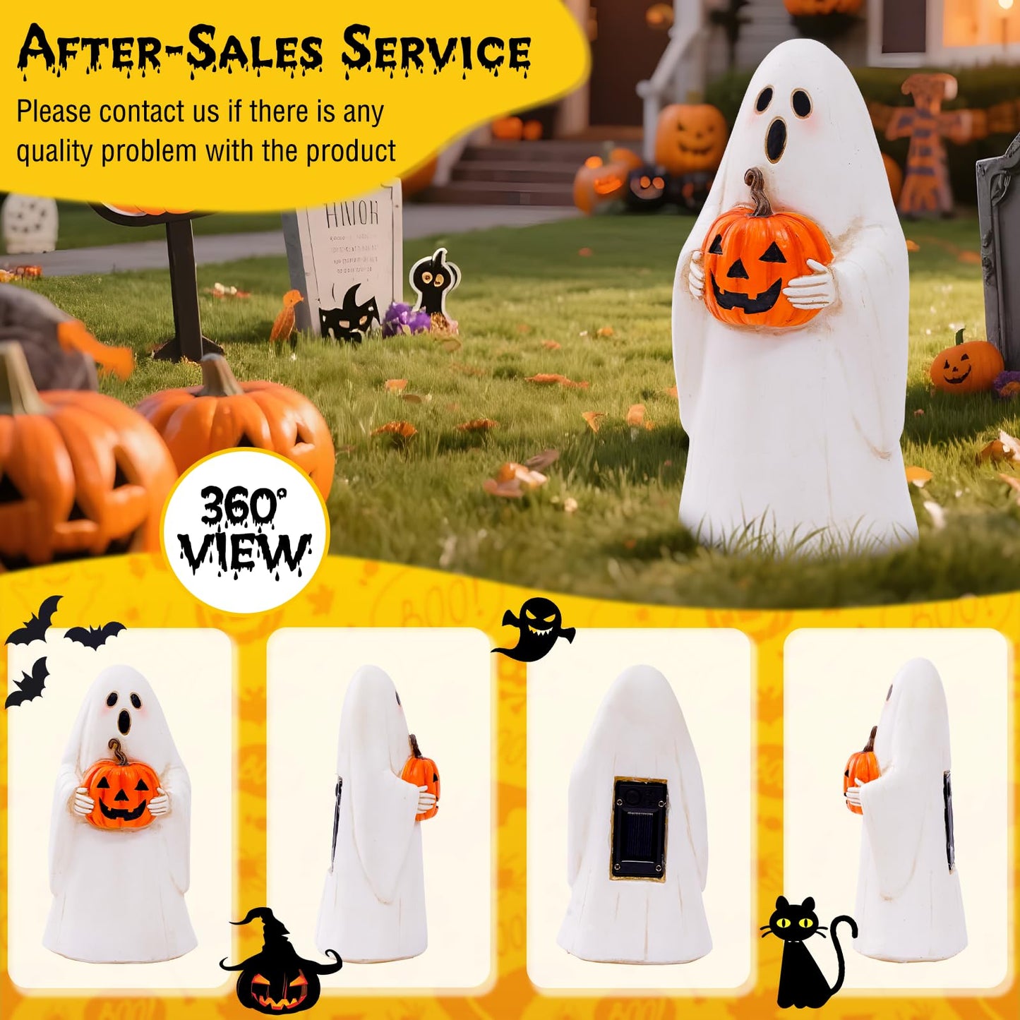 Pohabery Cute Resin Ghost Statue - Solar-Powered Halloween Decor, White, Outdoor Light Up Figurine For Yard & Porch, Model Zf1Bg250501