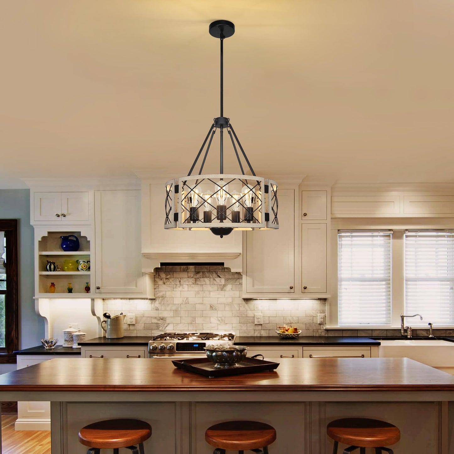 Sigaitwei 18.9 Farmhouse Drum Chandelier  5-Light Adjustable Dining Room Light Fixture Kitchen Island Lighting  Rustic Hanging Lights For Entryway Dining Room Kitchen Table Foyer Living Room.