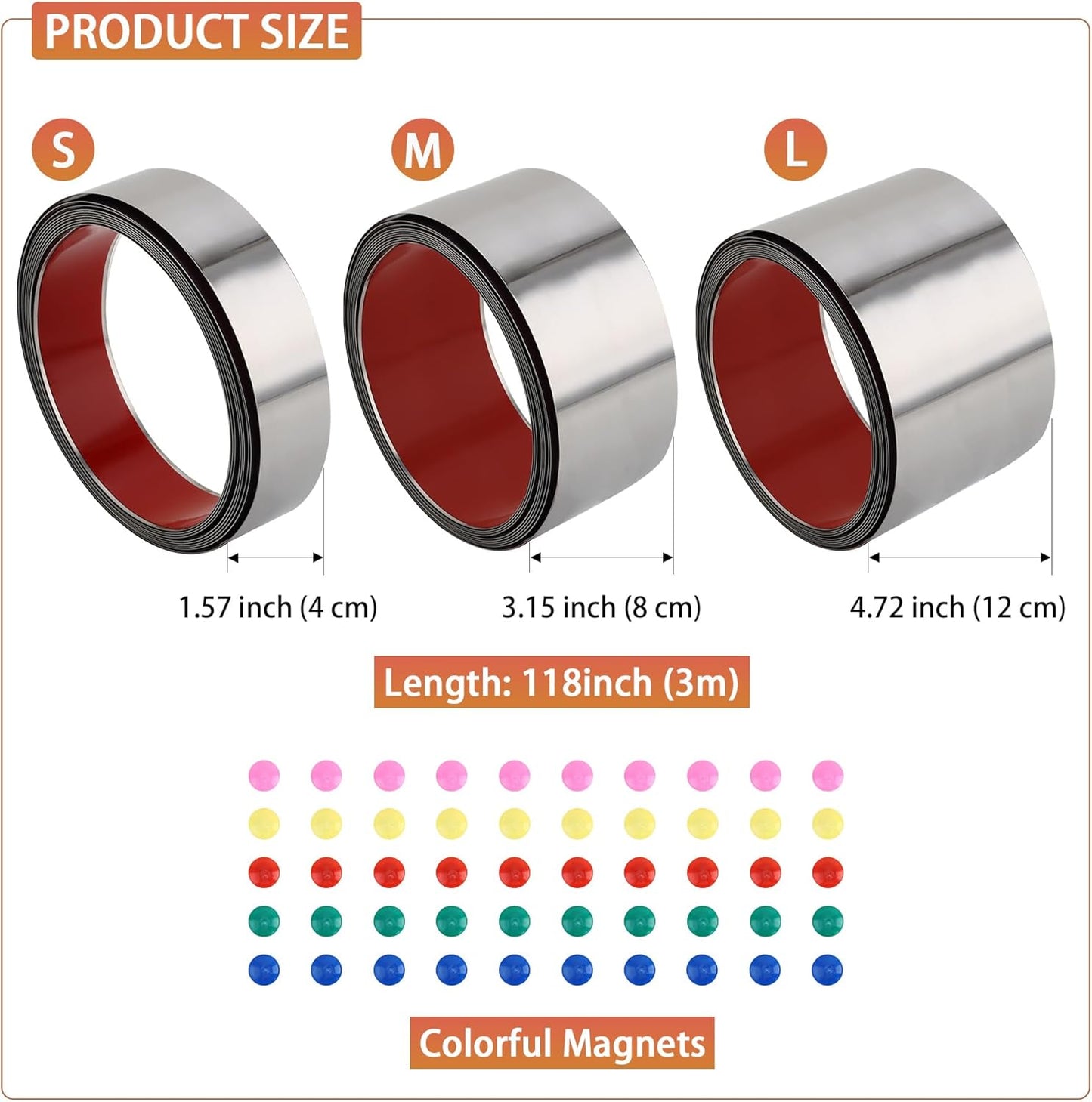 Self Adhesive Backing Metal Strip for Magnets, Flexible Ferrous Memo Tapes Roll for Bulletin Boards in Studio, Office, School (Glossy Silver, 118''L x 1.57''W)