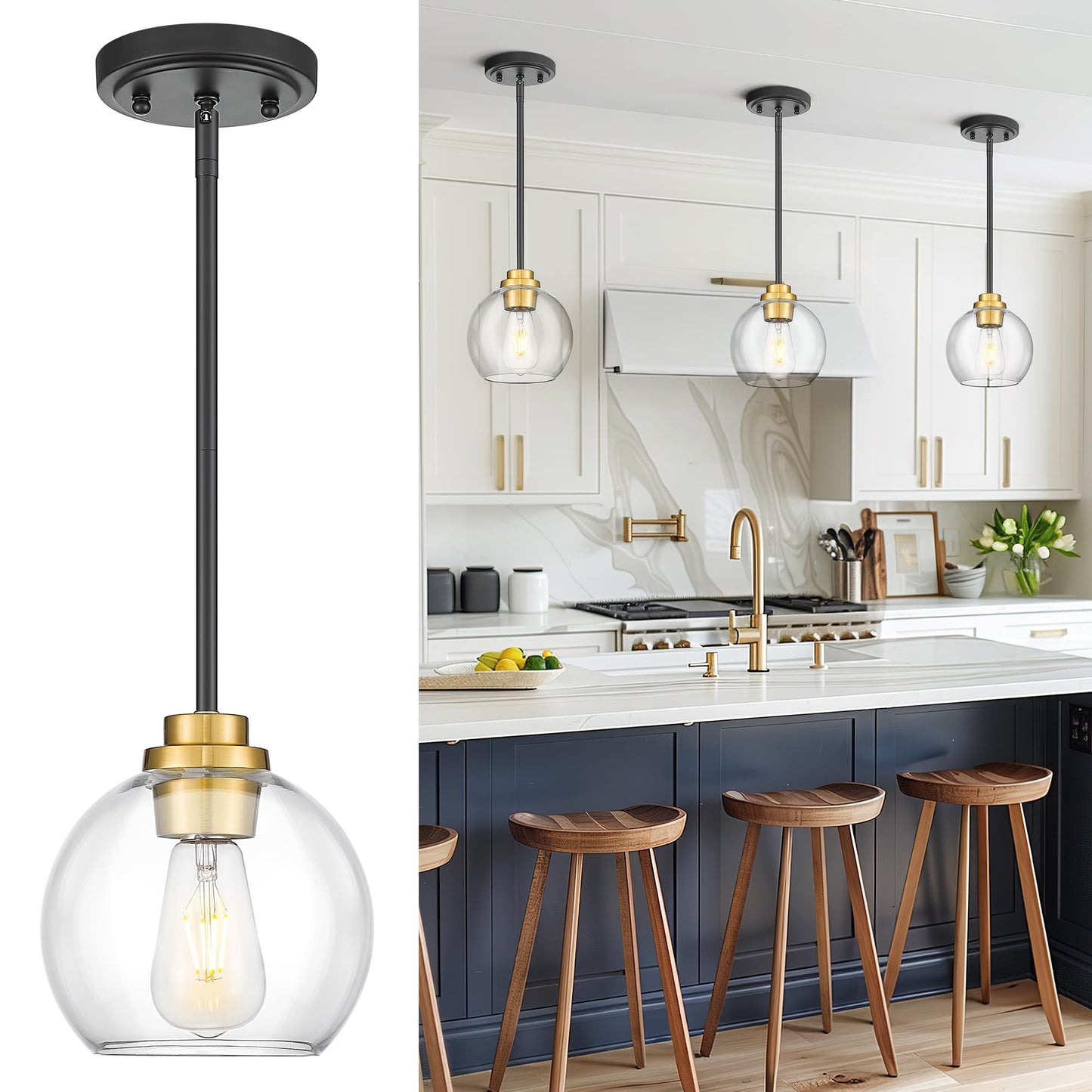 Audickic Pendant Lights Kitchen Island  7 Black And Gold Hanging Lights Fixtures With Clear Glass Globe Shade  Modern Kitchen Island Lighting For Bathroom  Ad-22280-1P-Kg