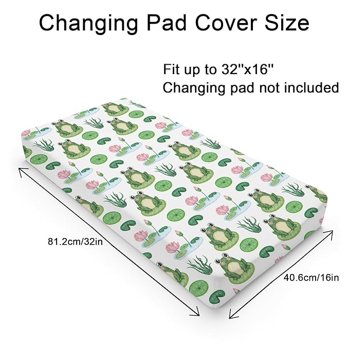 Cartoon Frogs Flower Leaves Pond Changing Pad Covers Water Lilies Lake Diaper Change Table Pad Sheets for Baby Girl Boy Animal Soft Breathable Stretch Baby Changing Table Pad Mats Covers 32''x16''