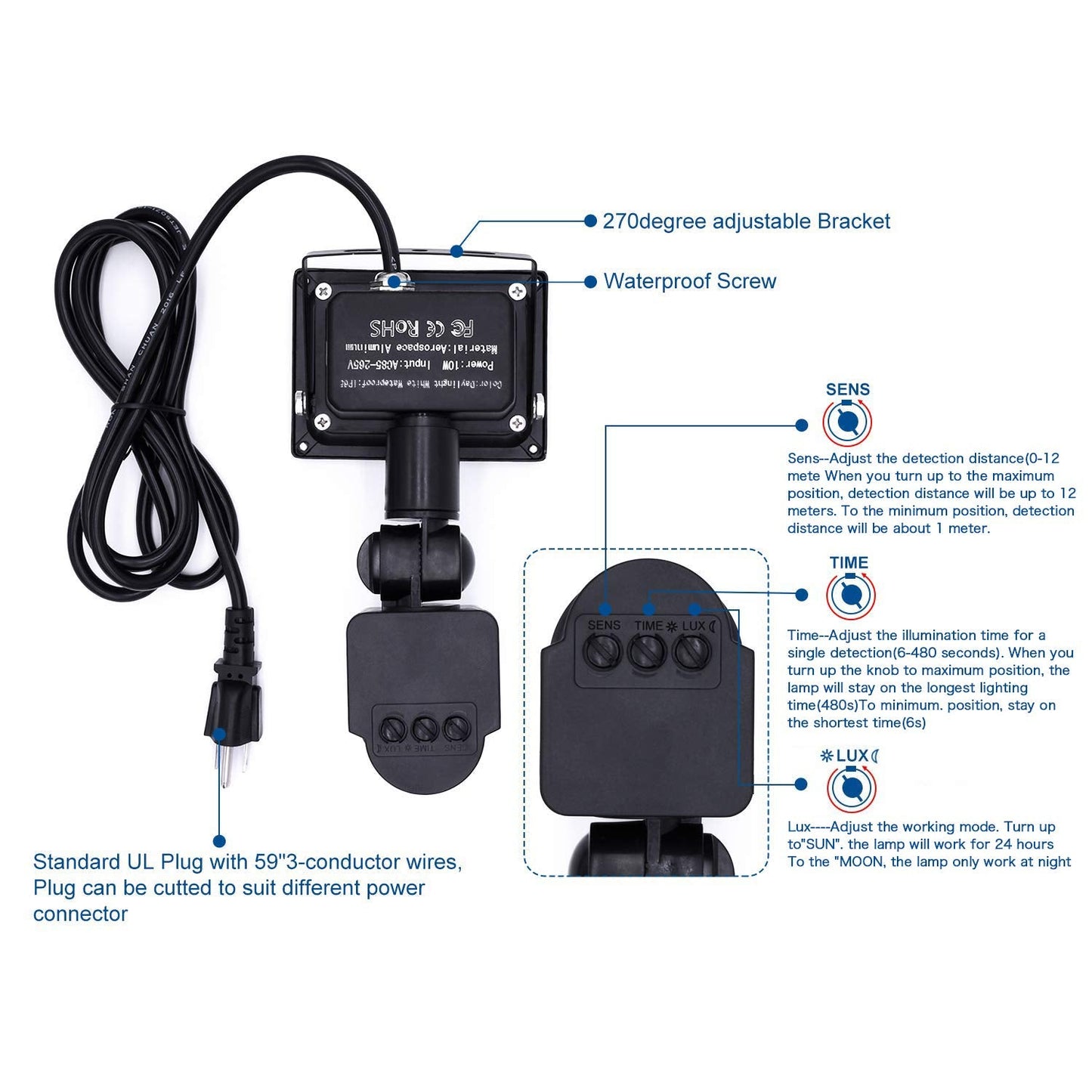 Z Motion Sensor Flood Light, 10W LED, IP65 Waterproof, 6500K, Daylight White-Black, Model Z10wganying-BG-touguangdeng-he