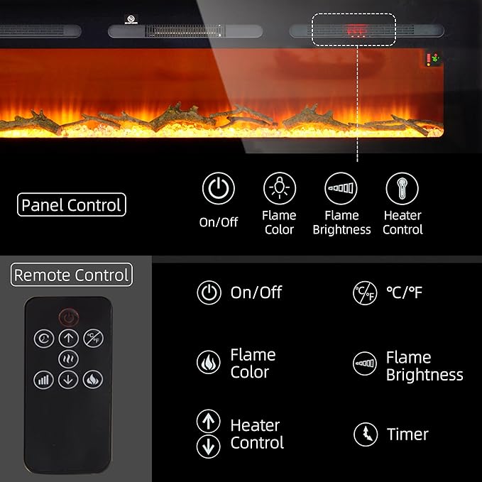 HOMCOM 60" Electric Fireplace Recessed and Wall Mounted with Remote Control, 1500W Fireplace Heater with 8H Timer, Adjustable Flame Color and Brightness, Log and Crystal
