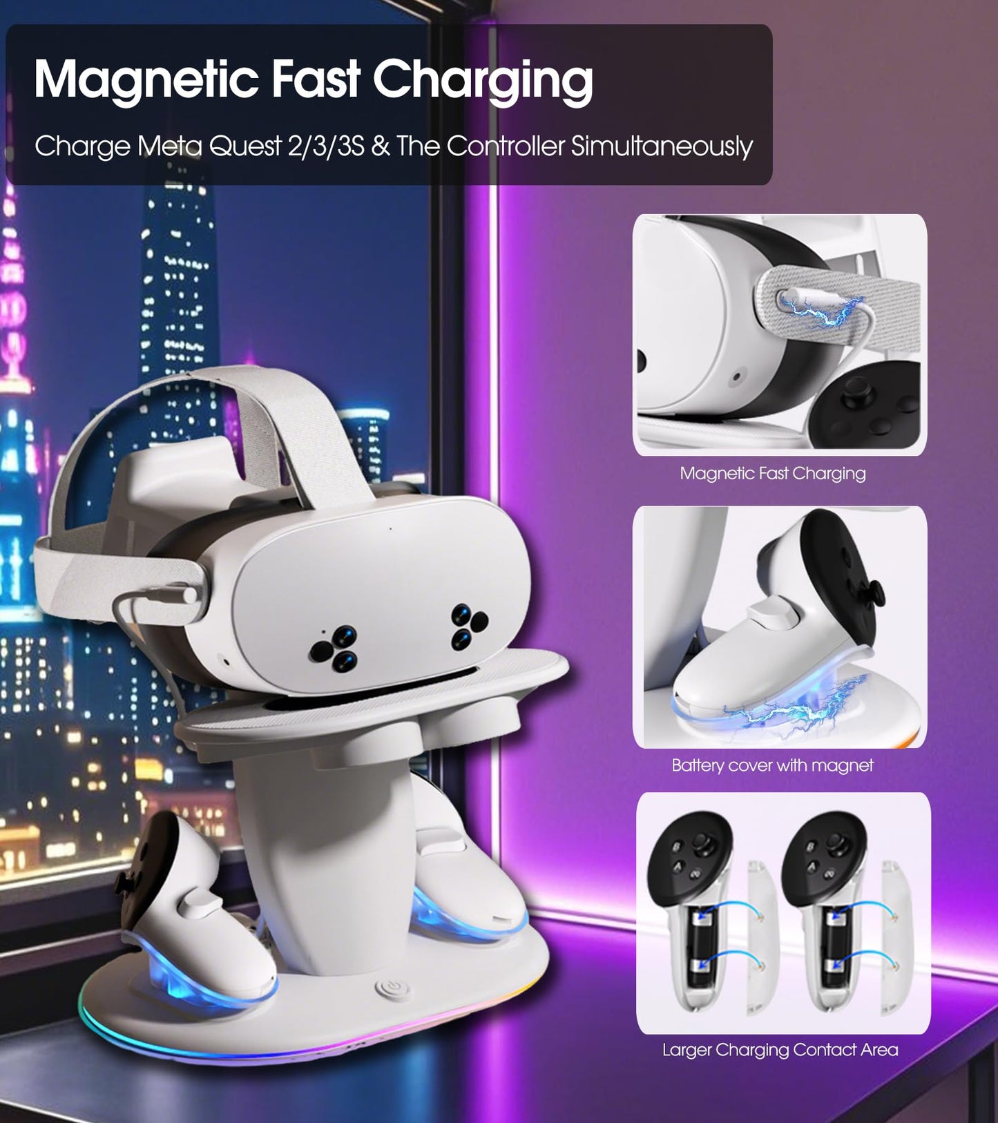 Charging Dock for Meta Quest 2/3/3S,VR Headset Charging Dock and Controllers with RGB Light, USB-C Charger and Cable, Fast Charging Station