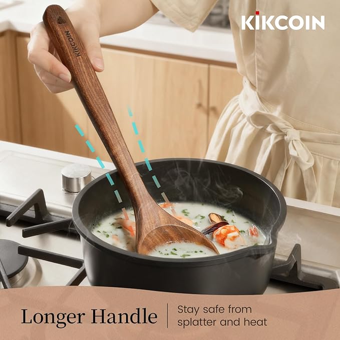 Kikcoin Wood Kitchen Utensils Set, 7 PCS Solid Teak Wooden Spoons for Cooking with Long Handle Heat-Resistant Wooden Cooking Utensils Set for Non-stick Cookware Including Hanging Hole