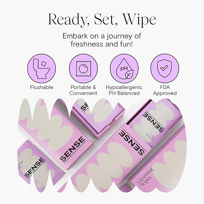Sense Cleansing Wipes (12 Pack) Individually Wrapped pH Balance Wipes for Women - Made in the USA, Flushable Wipe, On-The-Go Before and After Freshness Intimate Wipe