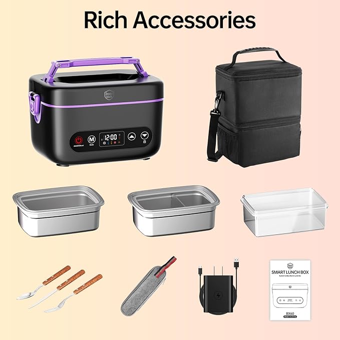 Cordless Electric Heated Lunch Box, 2x1.2L Portable Food Warmer Upgared 5D Surround Heat Tech 6x4000mAh Battery Powered with Dual Insulated Bag, 100W Automatic Heating 220°F Max BPA Free for Men