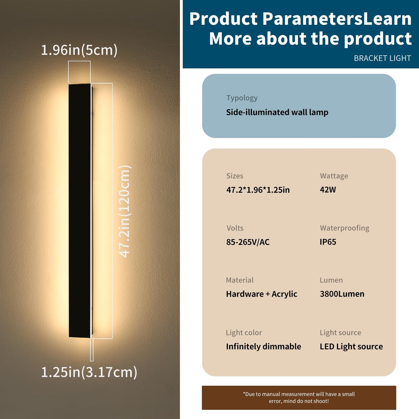 Daoseolo 2 Pack Outdoor Wall Sconce, 47.2inch Dimmable IP65 Waterproof Light Fixture with Remote Control