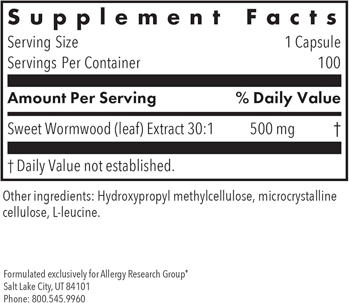 Allergy Research Group Artemisia Dietary Supplement - Microbial Balancer, Sweet Wormwood Extract, Hypoallergenic, Vegetarian Capsules, Gluten Free - 100 Count