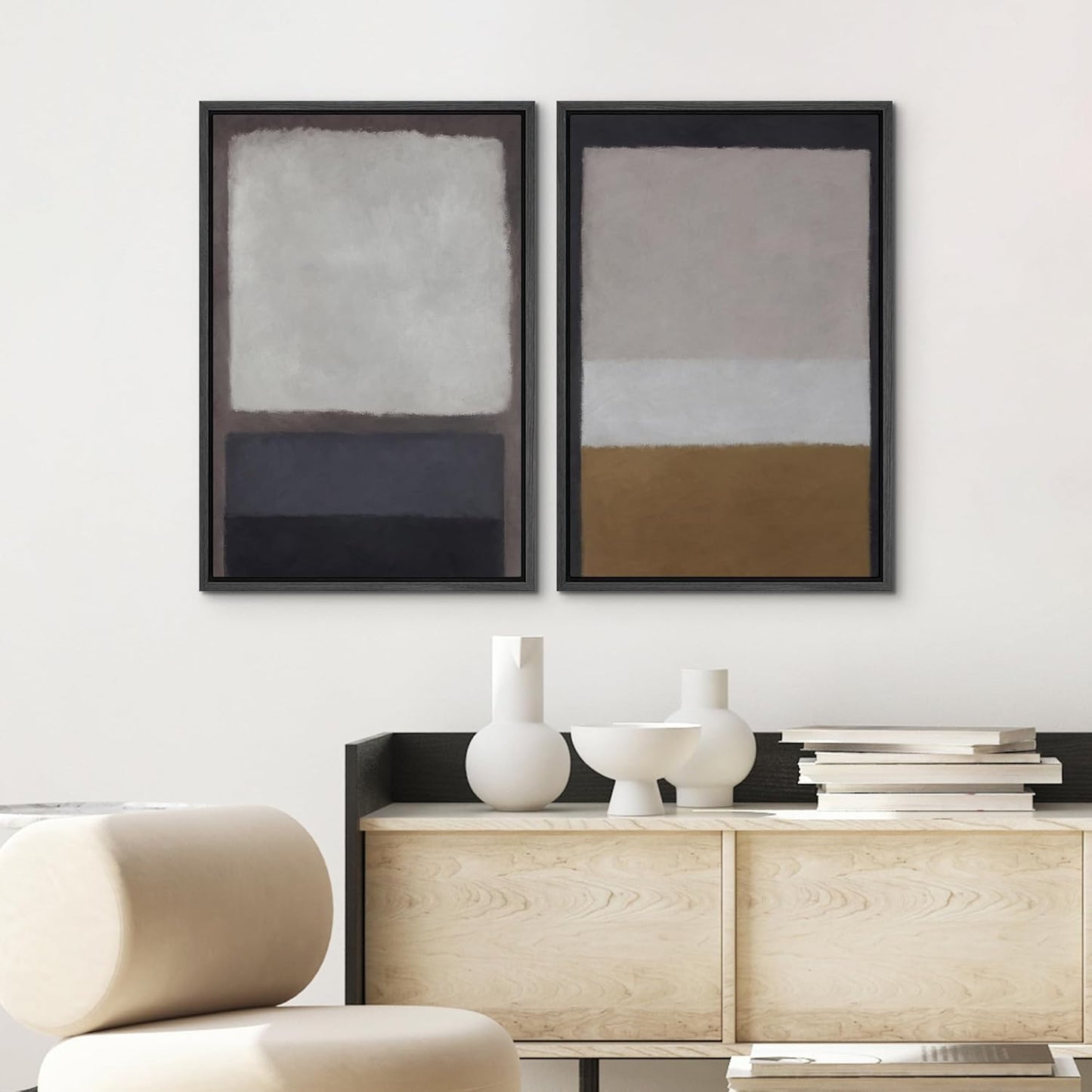 SIGNWIN Framed Canvas Print Wall Art Set Gray Brown Pastel Geometric Color Blocks Abstract Shapes Illustrations Art Contemporary Decorative for Living Room, Bedroom, Office - 16"x24"x2 Black