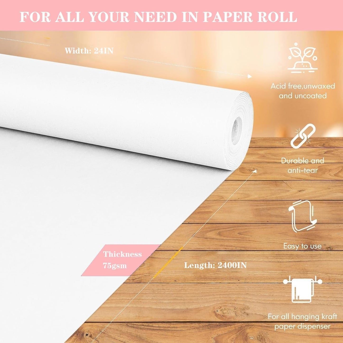 White Wrapping Paper Roll 24"x 2400" Craft Paper Roll for Drawing Painting Art Supplies, White Paper for Easel Poster Bulletin Board, Kraft Paper Roll for Packing Moving, Gift Wrapping