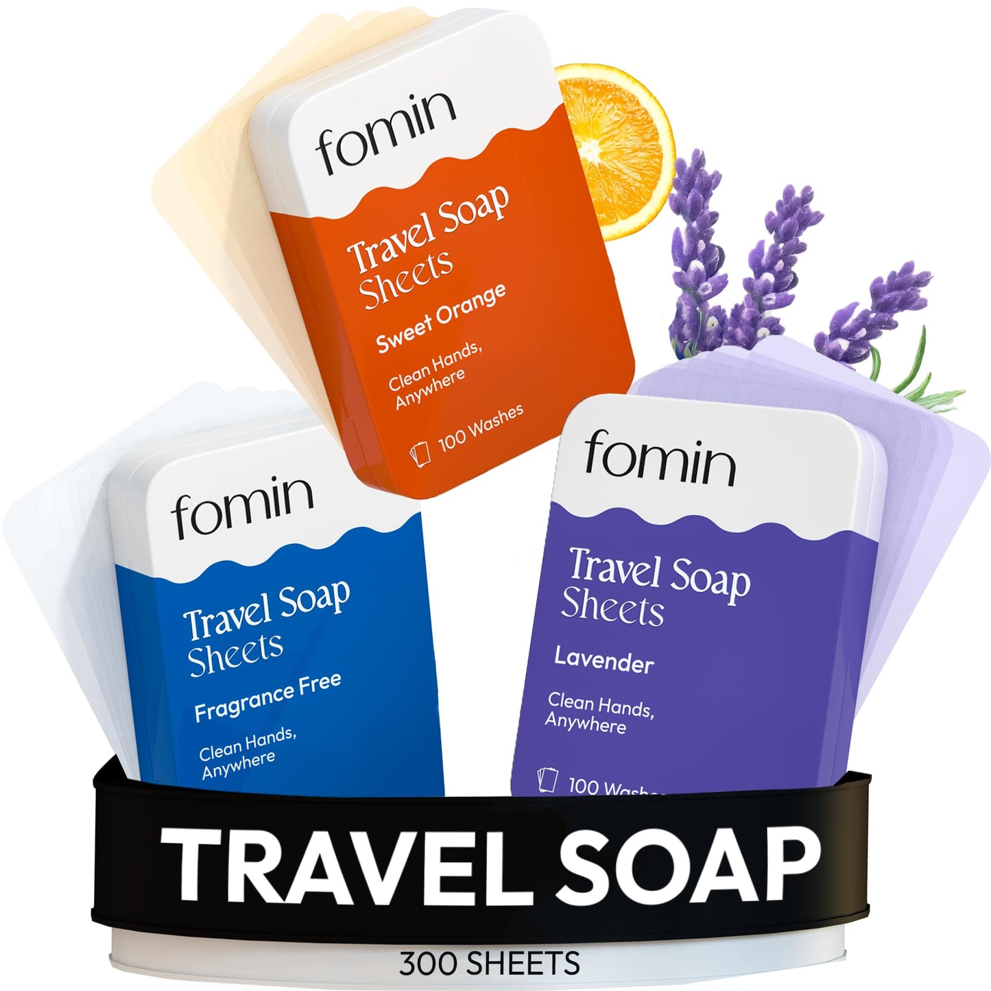 FOMIN - Antibacterial Paper Soap Sheets Tin for Traveling - (300 Sheets) Variety Pack (Unscented, Orange, Lavender) Portable Tra