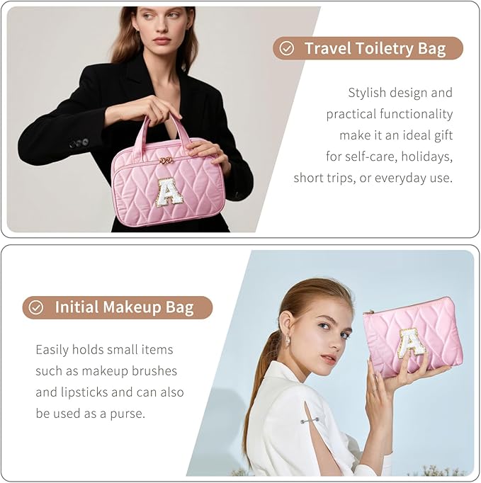 YOOLIFE Gifts for Friends - Friendship Gifts for Women, Travel Toiletry Bag for Women, Hanging Toiletry Bag, Monogrammed Initial Tolietry Pouch Makeup Bag - Letter F Pink