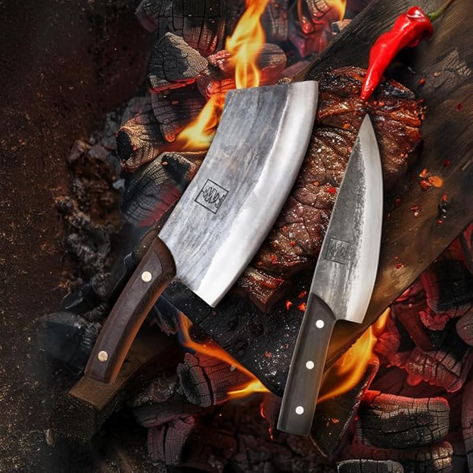 COOLINA Altomino and Tungsten Knife Set – Hand-Forged Chef Knife and Precision Slicing Knife Bundle – High Carbon Steel Full Tang Butcher Knives for Meat, Veggies, BBQ & Kitchen Prep