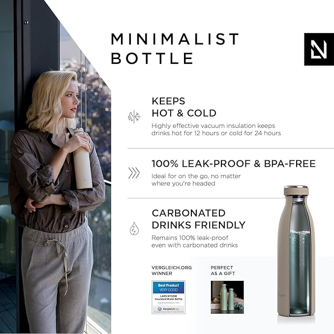 LARS NYSØM Stainless Steel Insulated Water Bottle 12oz 17oz 25oz 34oz 51oz | BPA-free Insulated Thermo Flask for Hot and Cold Beverages | Leakproof Drinking Bottle (Greige, 17oz)
