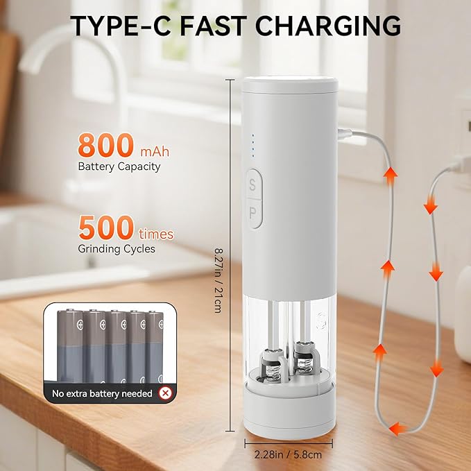 2 in 1 Electric Salt and Pepper Grinder Set, USB Rechargeable, Automatic Salt and Pepper Mill Shakers with Battery Display, LED Light, Adjustable Coarseness(White)