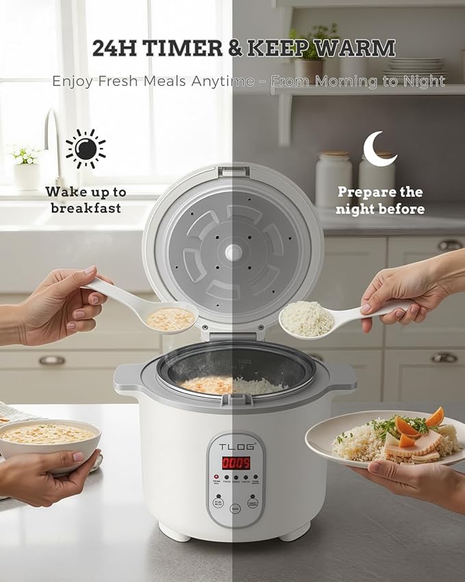 TLOG Low Carb Rice Cooker 2L(9 Cups Cooked), Low Sugar Healthy Rice Maker with 304 Stainless Steel Steamer Basket, 5 Cooking Presets, 24H Timer & Keep Warm Function