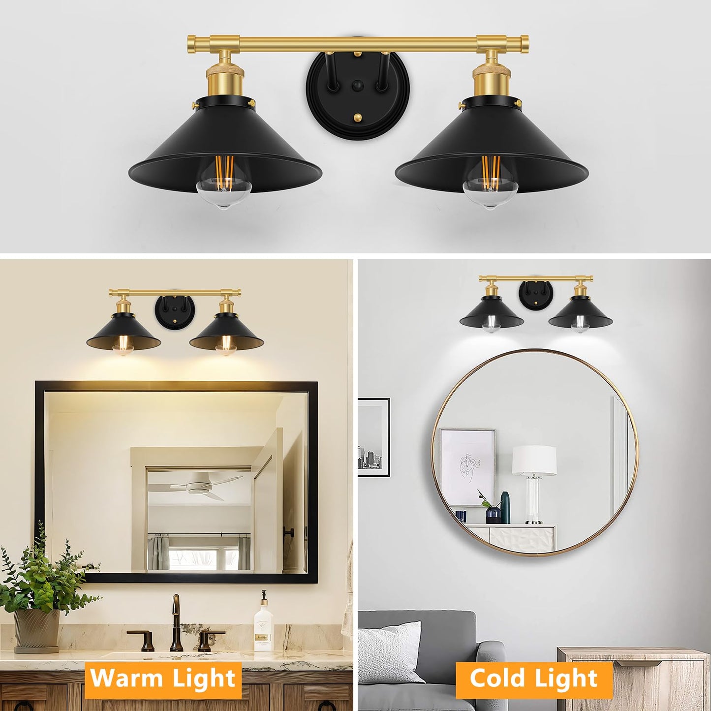 Licperron 2-Light Vanity Light Fixtures, Metal, Black & Gold, Industrial Design for Bathroom, Kitchen, Bedroom, Hallway
