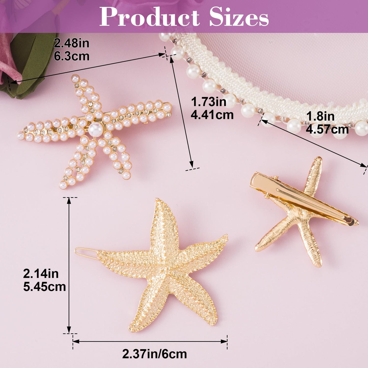 PAGOW 3 PCS Starfish Hair Clips, 3 Styles Gold Rhinestone Pearls Hair Clips, Faux Pearl Crystal Sea Star Wedding Headpiece Hair
