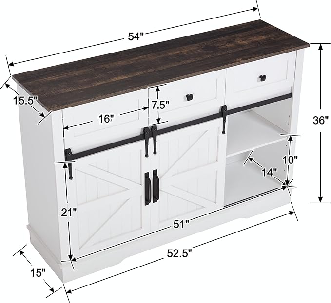 Farmhouse Bar Cabinet with Wine Rack 54" Coffee Buffet Cabinet with Sliding Barn Doors, Adjustable Shelves Rustic Kitchen Cabinets with 3 Drawers for Dining Room, Black with White