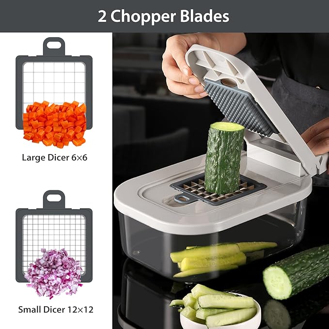 11-in-1 Vegetable Chopper for Kitchen, Food Chopper with Container, Mandoline Slicer Onion Dicer, Veggie Cutter for Fruit Salad Kitchen Gadgets Essential Tools (Grey)